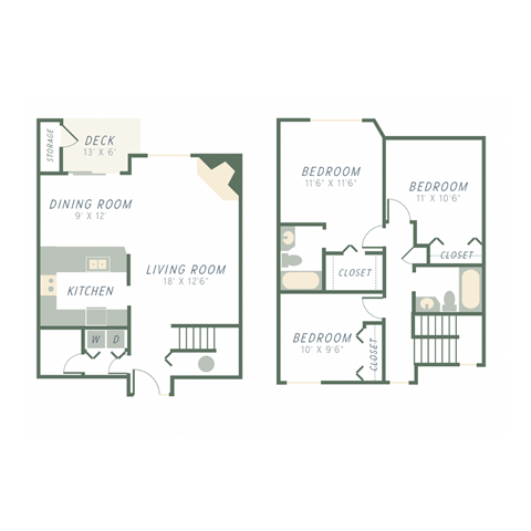 Floor plan for 3 beds, 2.5 baths, 1300 sqft